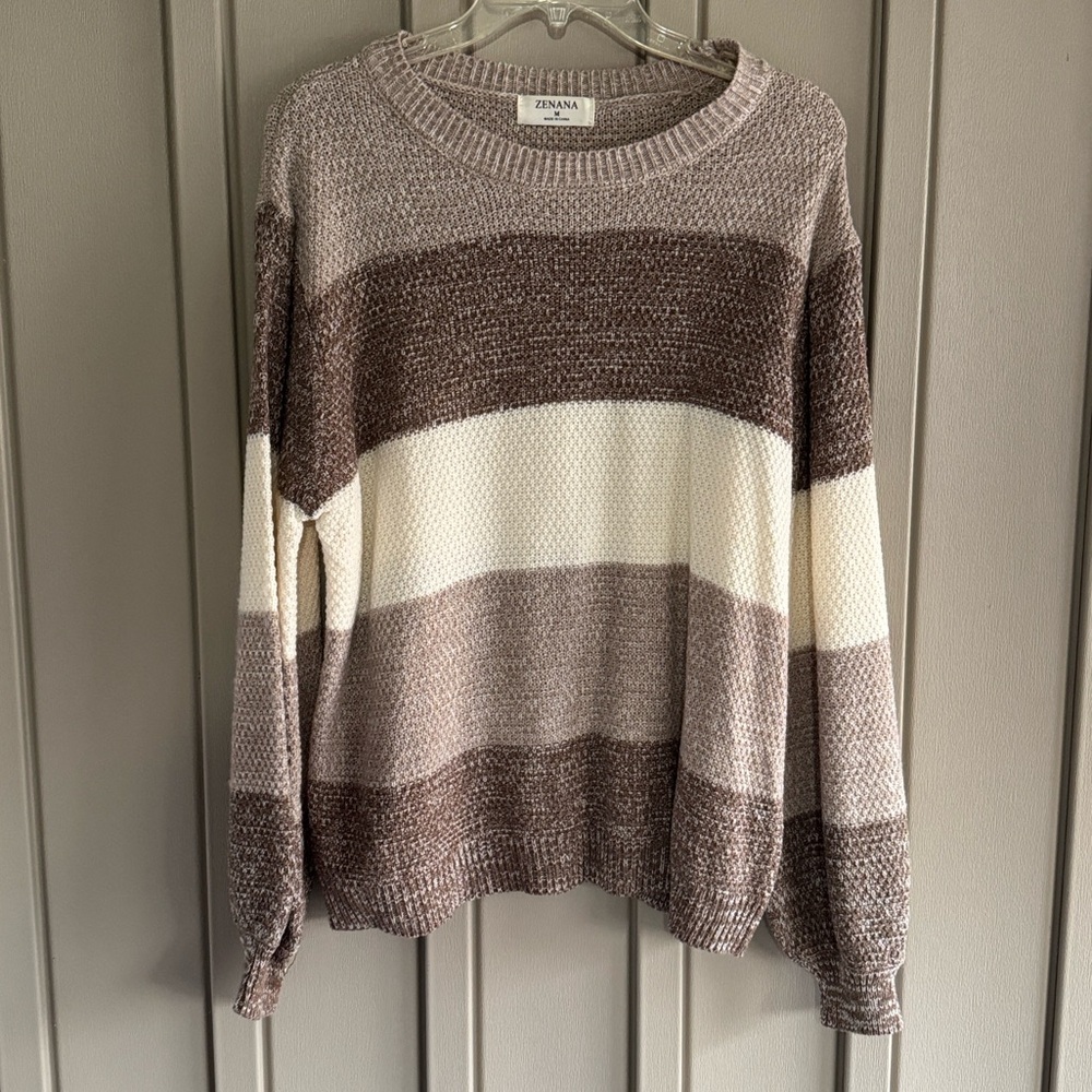 Zenana Outfitters Brown & Cream Striped Sweater size Medium
